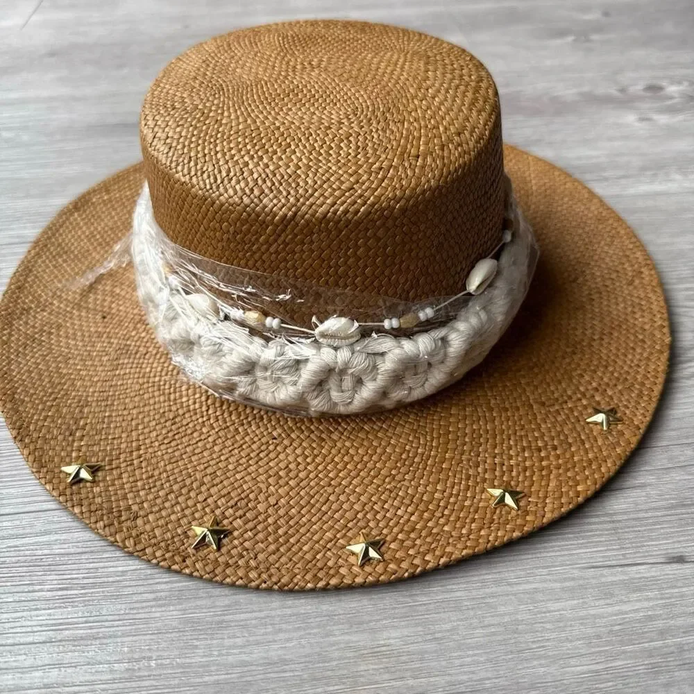 New Colombian Embellished Straw Flat Hat Size Large Boho